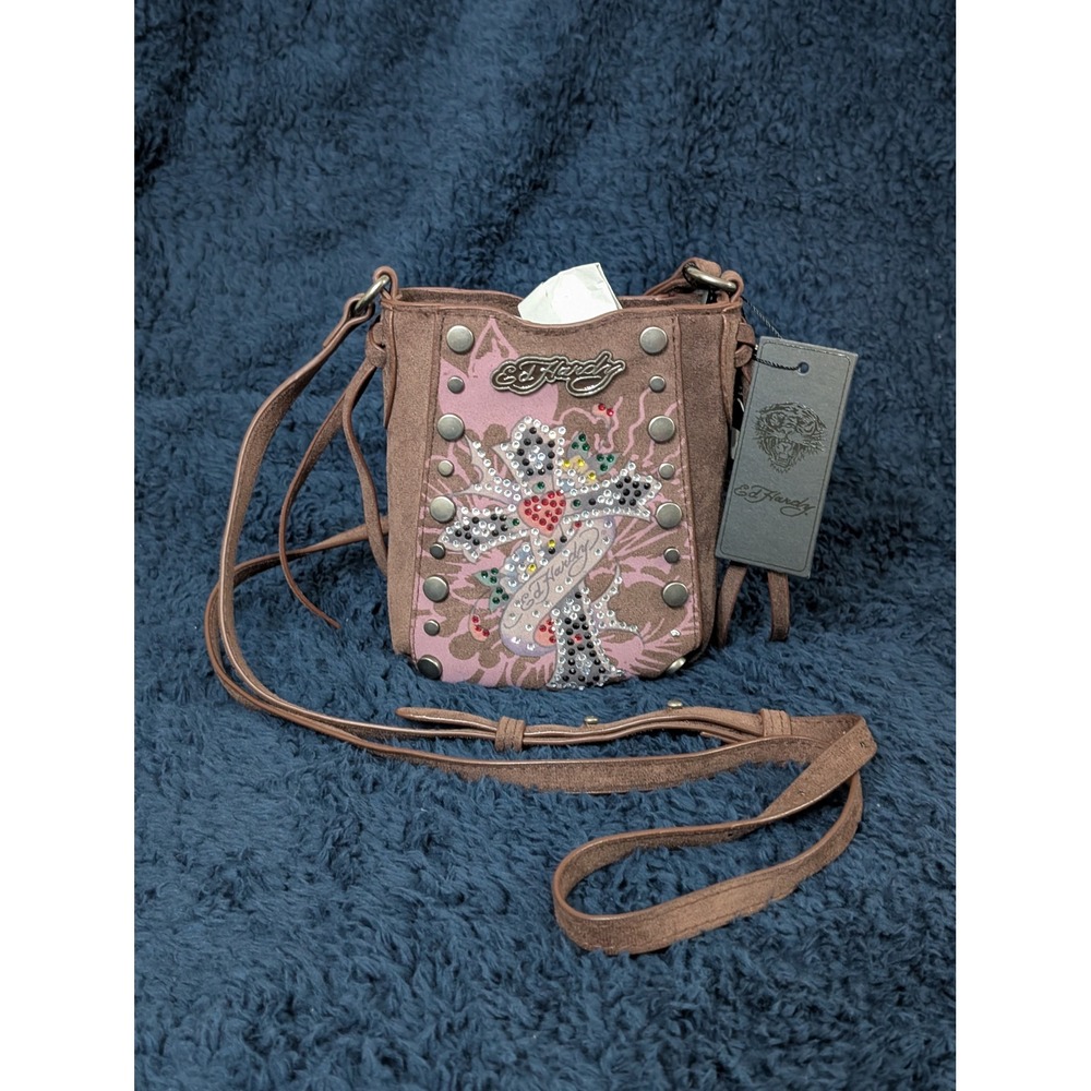 Ed Hardy Vegan Crossbody Handbag – Brown – Y2K‑Style Rhinestone Design